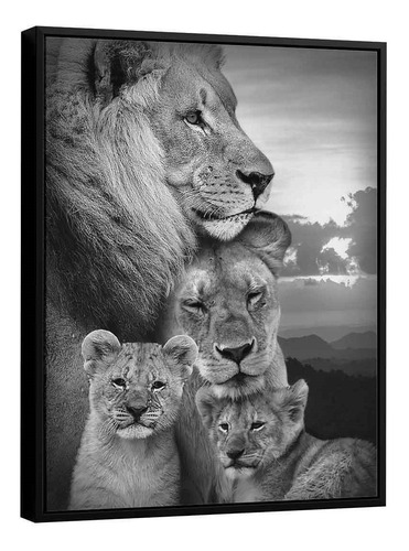 Quadro Família De Leões | Gigante 122x92cm | Moldura Preta