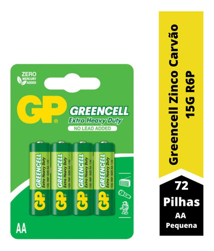 72 Pilhas Aa Pequena Gp Greencell Comum 15g R6p Cartela C/ 4