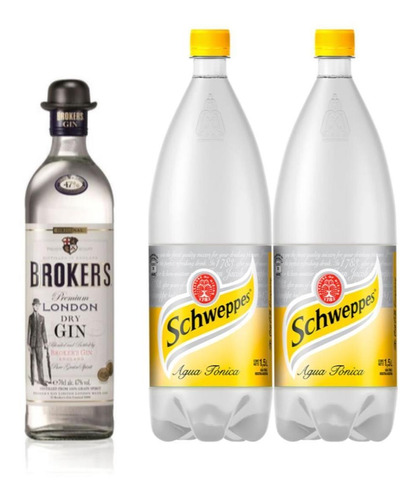 Gin Brokers Importado 750ml + Agua Tonica Schweppes 1,5l X2