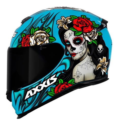 Capacete Fechado Axxis Eagle Flowers Feminino Preto E Azul