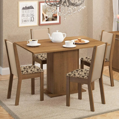 Juego Comedor Talita 4 Sillas Tapizadas Floral Marron/beige