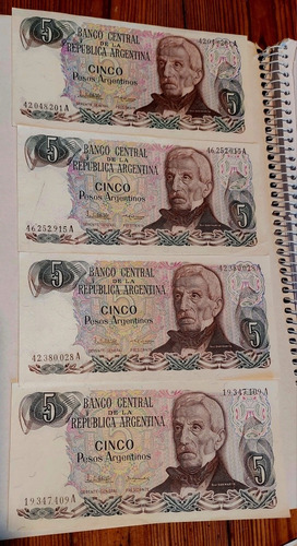 Cinco Pesos Argentinos 4 Billetes  Serie A S/c San Martin 