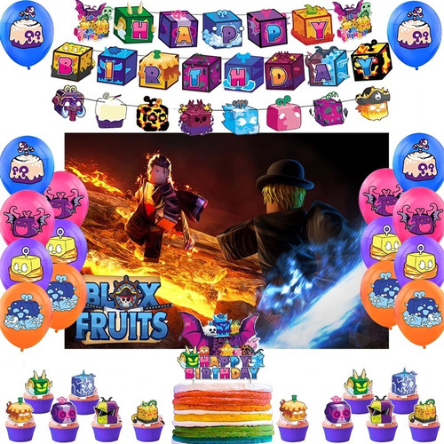 Kit Cumpleaños Blox Fruits Globos + Tela De Fondo Exclusivo