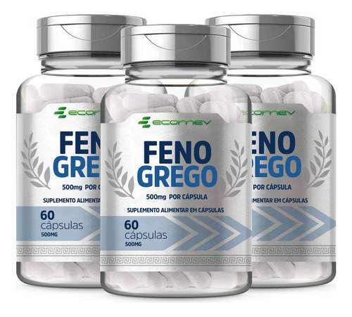 3 Potes Feno Grego Puro 500mg 180 Cápsulas - Ecomev