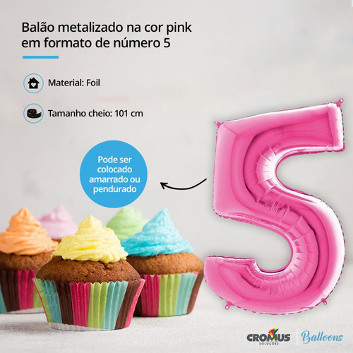 Balão Metalizado De Festa Número 5 Pink Rosa 101cm Un