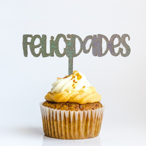 Cake Topper Felicidades Acrílico Vinil Glitter Plata 17x10 Plateado