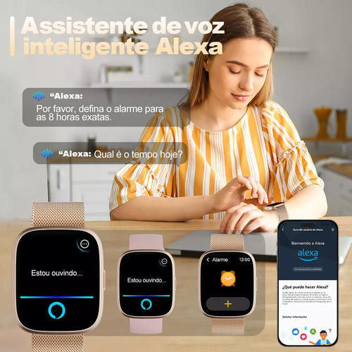 Relógio inteligente Mertto Smartwatch Alexa Bluetooth Call 1,83 polegadas Idw26 pulseira de malha magnética cor dourada Ip68