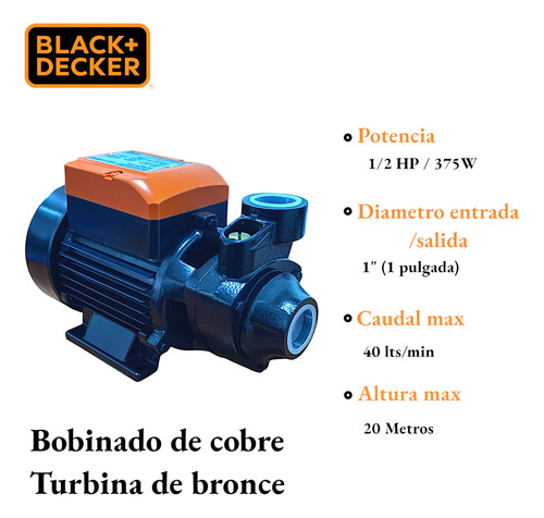 Bomba Periférica De Agua Elevadora Black + Decker Qb60 20mts 40lts/min 1/2 Hp 375w