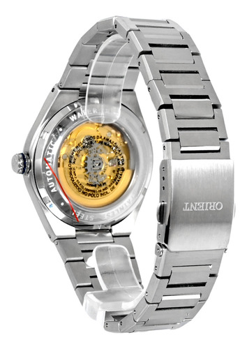 Relógio Orient Automático Skeleton Nh7ss006 D1sx Correia Prateado Bisel Prateado Fundo Azul/dourado