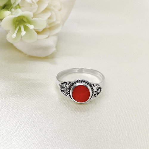 Anillo Redondo Piedra Coral Boho Plata 925 T:17 17