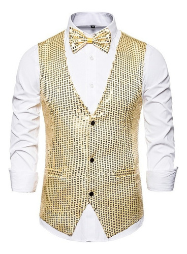 Chaleco De Fiesta Hombre Moda Lentejuela Con Corbata De Moño