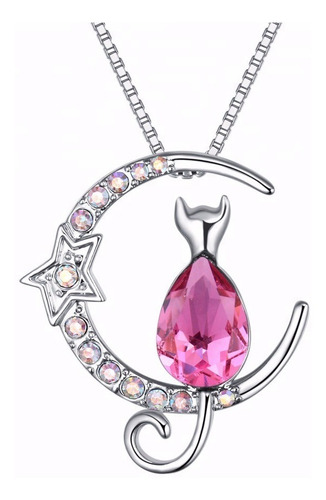 Regalo Mujer Collar Gatito Luna Cristal Swarovski Plata 925