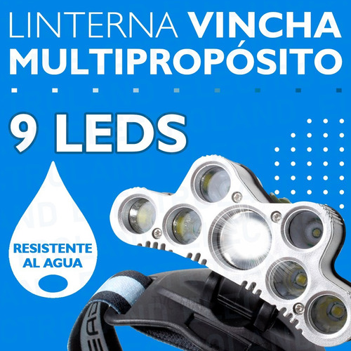 Imagen 2 de 10 de Vincha Linterna Minera Multipropósito 9 Leds Recargable Usb