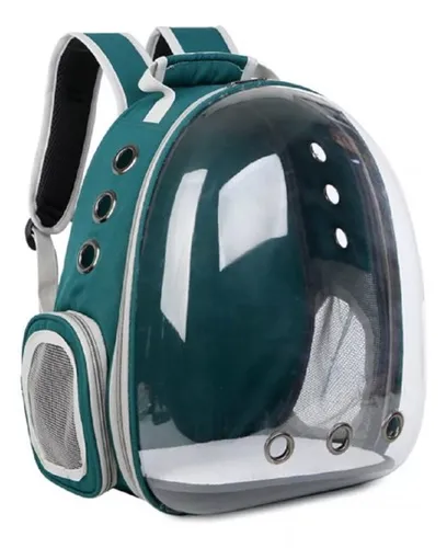 Mochila para mascotas con vista panorámica, astronauta, perro y gato, color verde