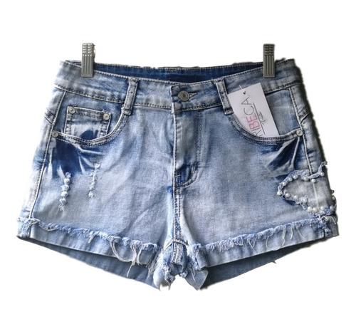 Short Jean Perlas Ajustado Tiro Medio Elastica Suave Mujer 