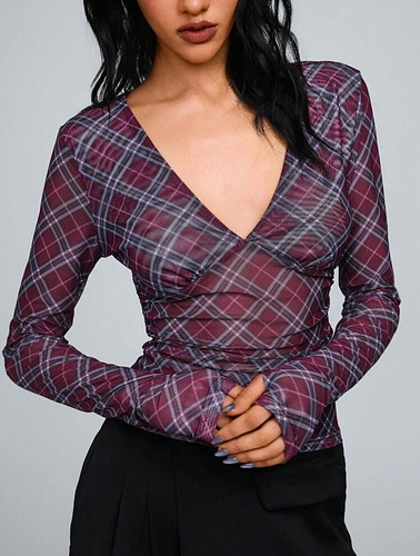 Remera Top Manga Larga Microtul Cuadrille Violeta Importada
