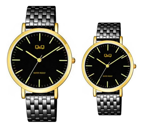 Relojes Pareja Duo Qyq Acero Quartz Q&q Negro + Estuche