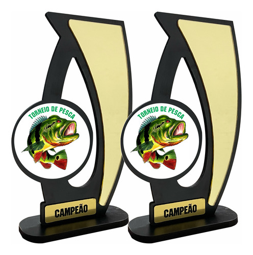 3 Troféus De Pesca Em Mdf C/ Acrílico Dourado 1o/2o/3o- 20cm