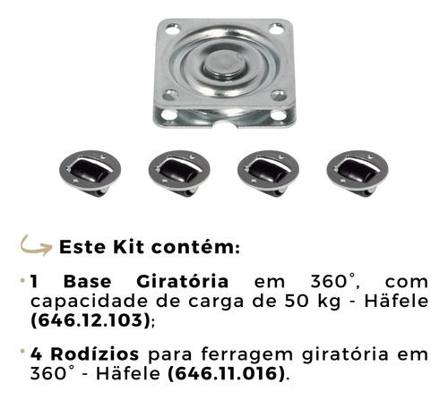 Base Giratória 360° C/ Capacidade 50kg + 4 Rodízios - Häfele