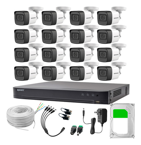 Epcom Kit de Camaras de Seguridad Exterior Metalicas con Micrófono Integrado + Disco Duro 3TB + Bobina de Cable de Red Modelo B50KIT-PLUS16-B+3TB Video Vigilancia TurboHD 1080p CCTV 16 Cámaras Bala