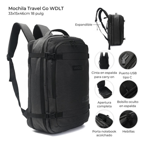Mochila Wanderlust Travel Go Wdlt 18 Pulgadas Porta Notebook Negro Liso