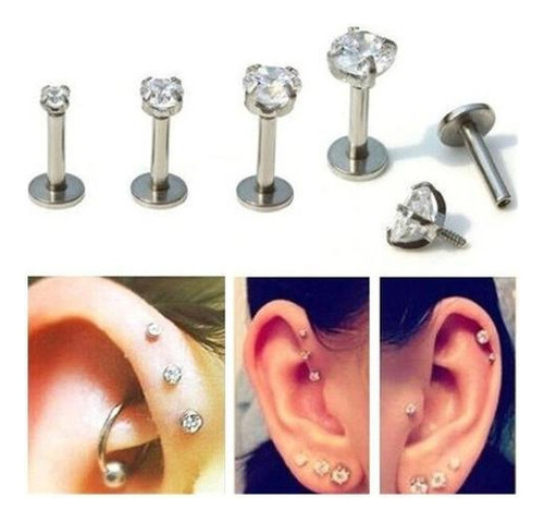 Piercing Tragus Flat Helix Labret, Prateado, 2 mm/8 mm