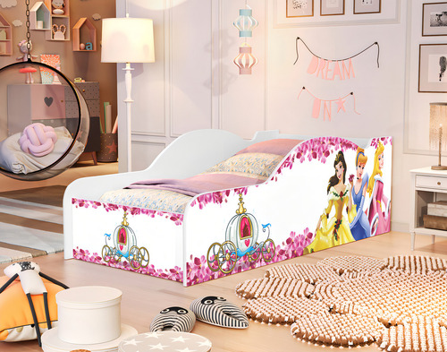 Cama Carro Infantil Meninas Princesas Docel Berço Criança Princess Castelo Cor Branco/rosa Com Colchão Neloja