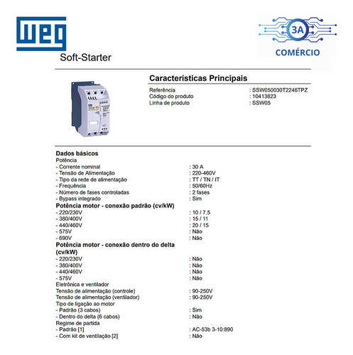 Chave De Partida Soft Starter Weg Ssw05 30a 10/20cv 220/380v