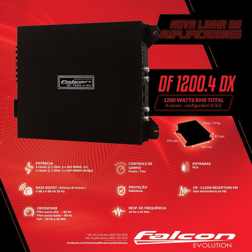 Imagem 6 de 6 de Amplificador Modulo 4 Canais 1200 Watts Falcon Df 1200.4 Dx