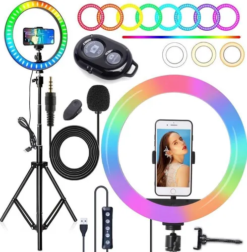 comprar Kit Youtuber Tripé Celular Microfone Ring Light Rgb Colorido
