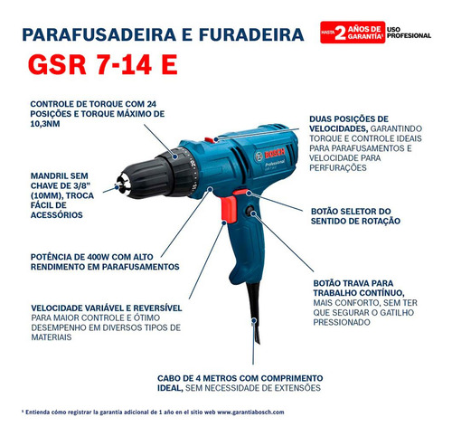 Parafusadeira E Furadeira Bosch Com Fio Gsr 7 14 220v Azul