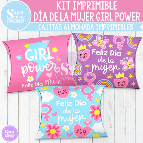 Kit Imprimible Cajitas Almohada Día Mujer Girl Power