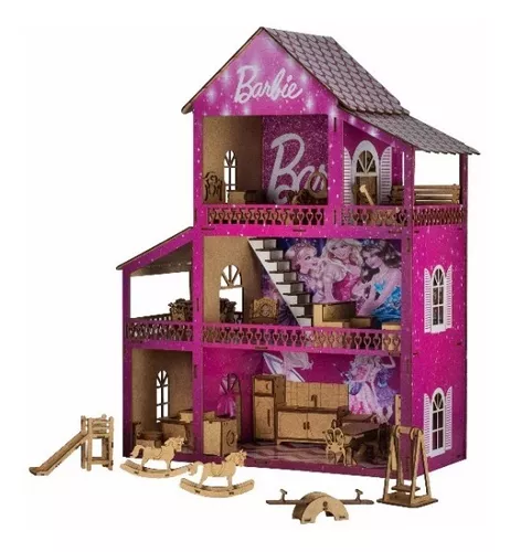 Casinha Boneca Barbie Adesivada Mdf E 36 Móveis + Parquinho