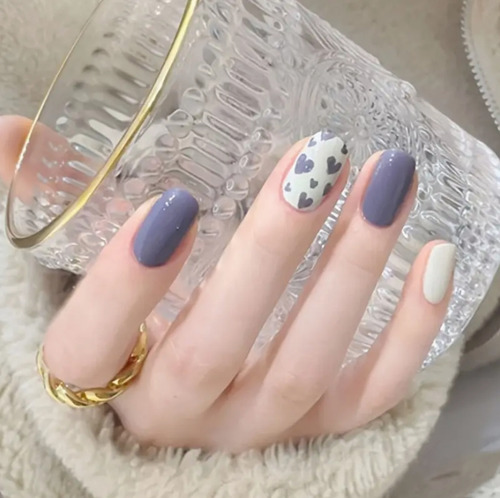 24 Pz Uñas Postizas Colore Mixtos Lila Lunares Corazon Amor Lila Lunares Corazon