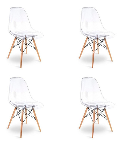 Kit 4 Cadeiras Charles Eames Wood Design Eiffel Transparente