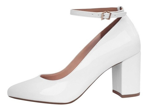 Imagem 3 de 4 de Sapato Feminino Branco Boneca Salto Médio Grosso