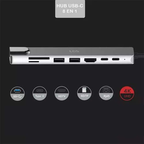 Imagen 4 de 4 de Hub Adaptador 8 En 1 Usb C 3.0 Hdmi 4k Usb Rj45 Sd Tf Pd Lcs