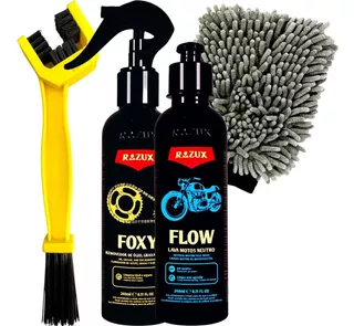 Shampoo Lavagem Moto Flow Razux Luva Foxy Limpa Corrente