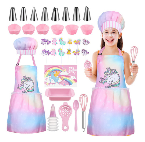 Juego De Cocina Infantil 34 Piezas Uniforme Unicornio Rosa