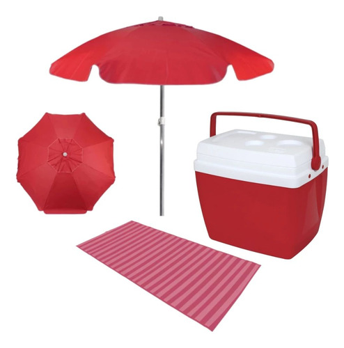 Kit Guarda-sol Vermelho 1,60m + Caixa Térmica 26 L + Esteira