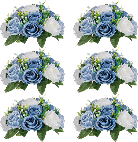 Flores Artificiales De Rosas, Azul Y Blanca Pack 6u.