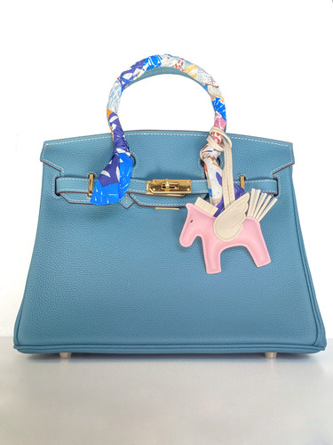 Bolsa Estilo Birkin Couro Legítimo Azul Azul-celeste Lisa Azul-celeste