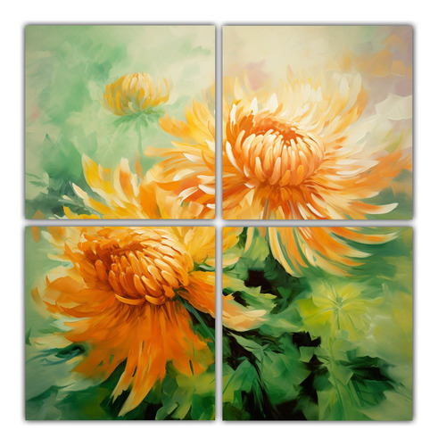 60x60cm Cuadriptico Modernos Linda A Chrysanthemums Flowers 