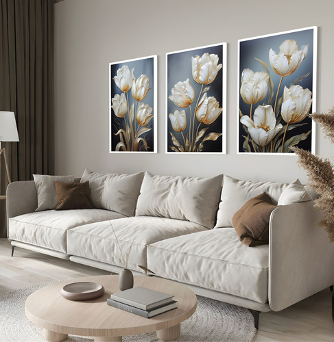 Quadro Decorativo Flores Brancas E Azul P/ Sala Quarto 50x70