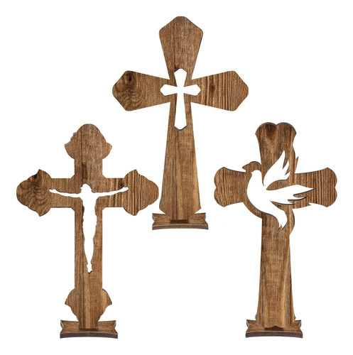 Cruces De Madera Caladas 17cm Con Base Souvenir 24u Marron