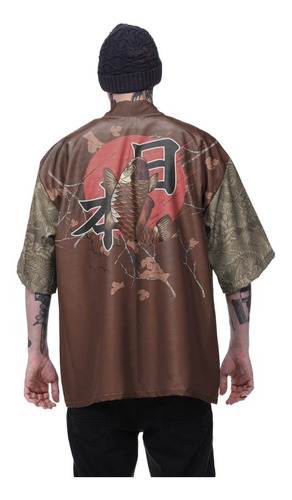 Imagem 3 de 3 de Kimono Haori Oriental Japão Samurai Skull Ondas Carpa Ondas