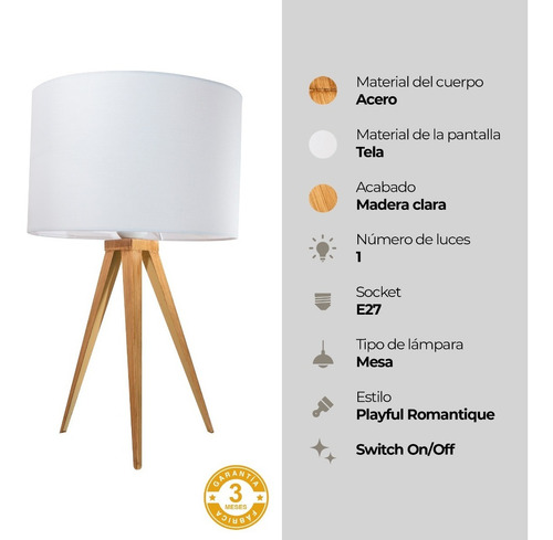 Lámpara De Mesa Madera Clara Estilo Moderno E27 40w 1 Luz