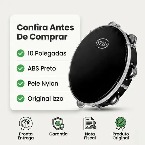 Pandeiro 10 Polegadas Izzo Preto Em Abs Pele Preta Com Chave
