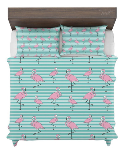 Jogo De Cama Casal Listrado Flamingos Retro Tumblr Vintage