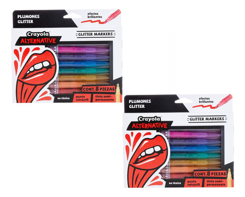 16 Crayolas Alternative Glitter Markers Caja C/ 8 Piezas Cu